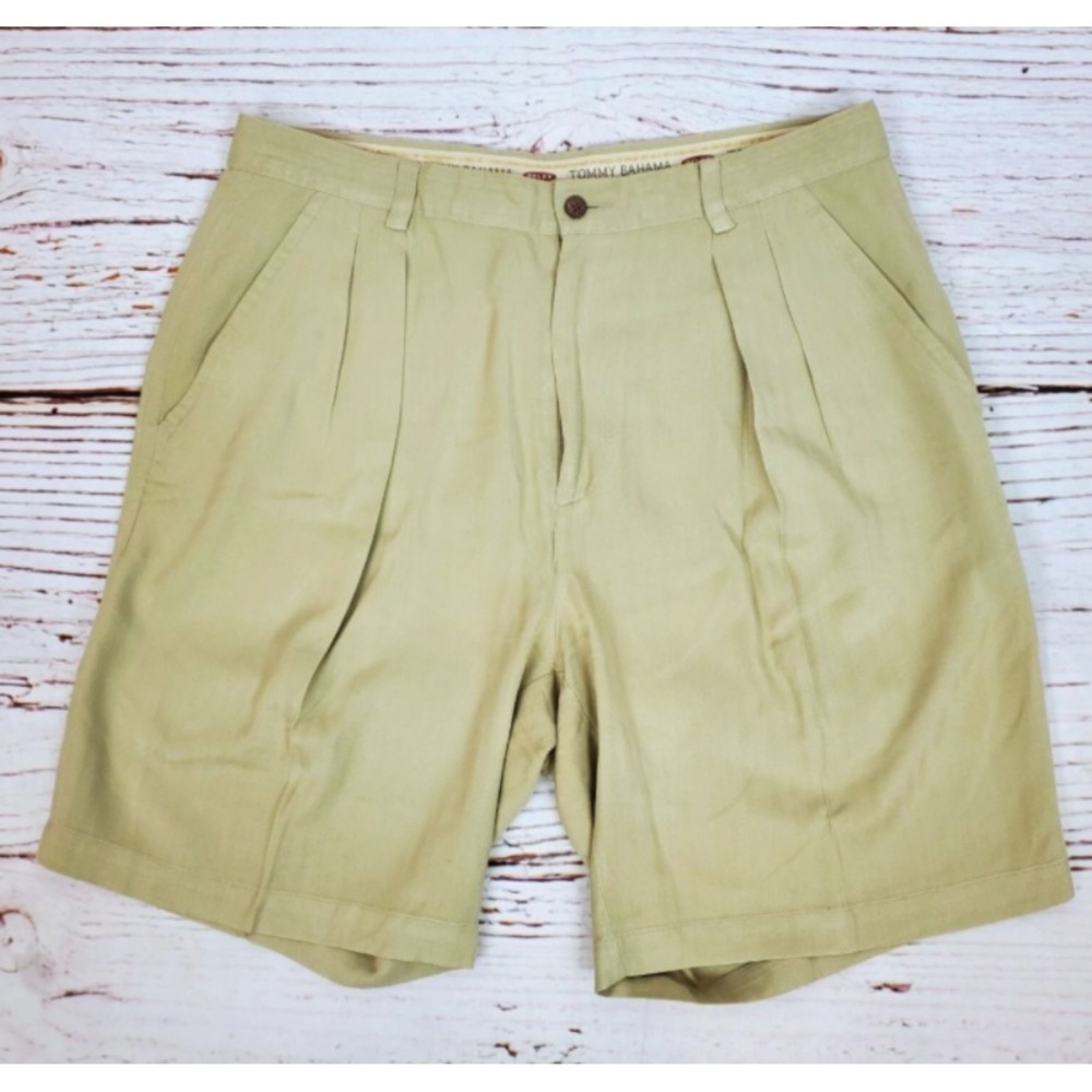 Tommy Bahama Relax 100% Silk Pleated Shorts Men's Size‎ 35 Beige 8" Inseam